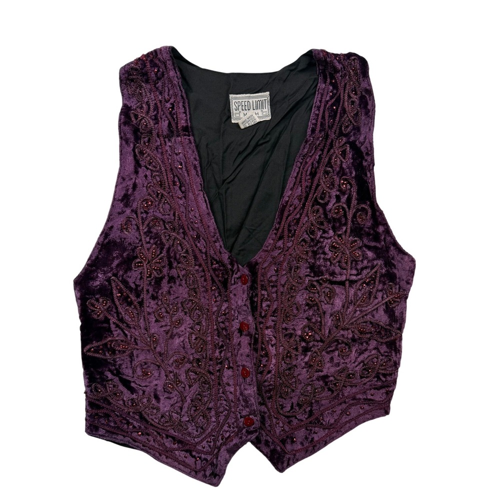 Vintage 90s Speed Limit MPH Purple Velvet Beaded Sequin Vest Small